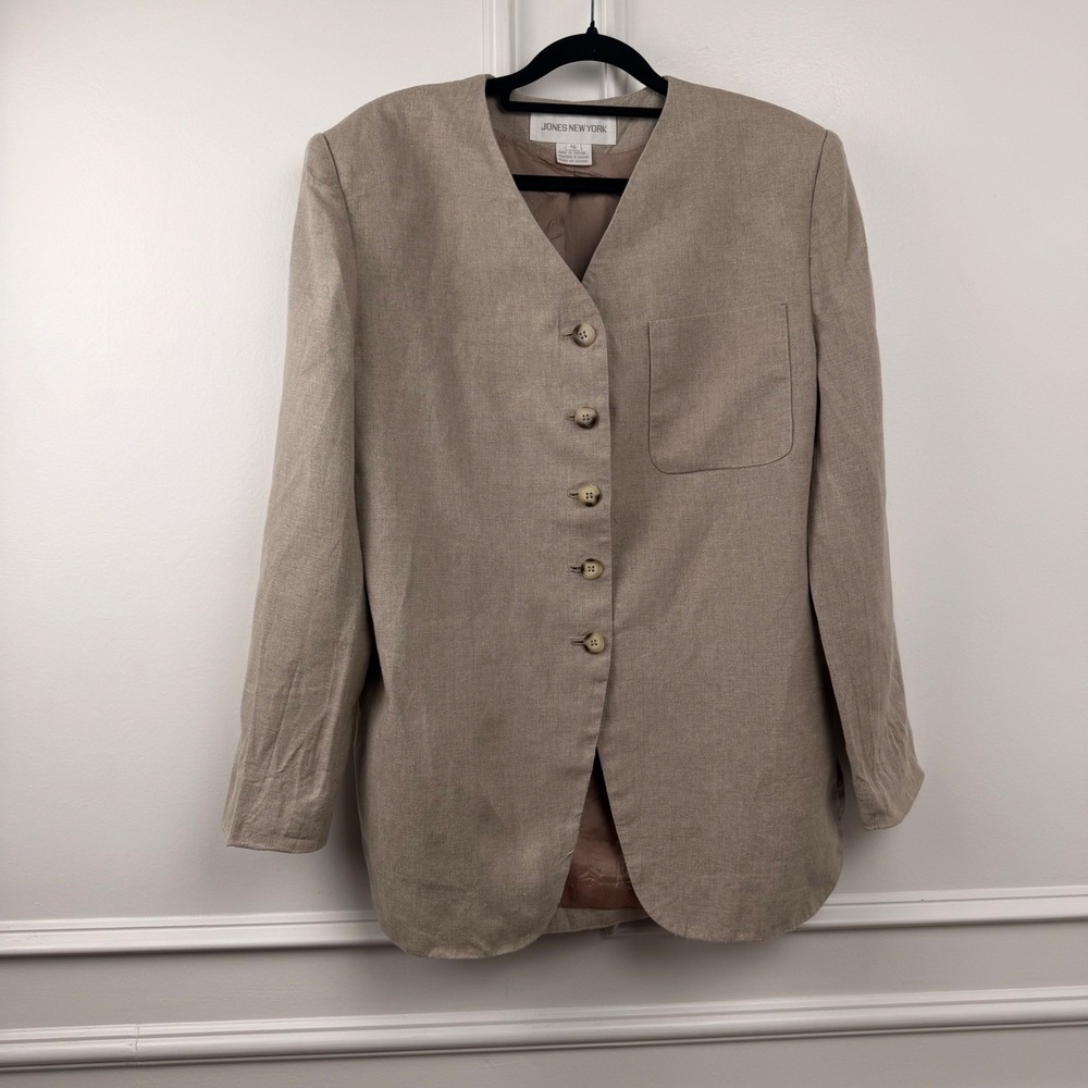 Jones New York Womens Beige 100% Linen Collarless Blazer Jacket Size 10 L